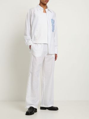 Bavlnené ľanové nohavice s potlačou Federico Cina biela