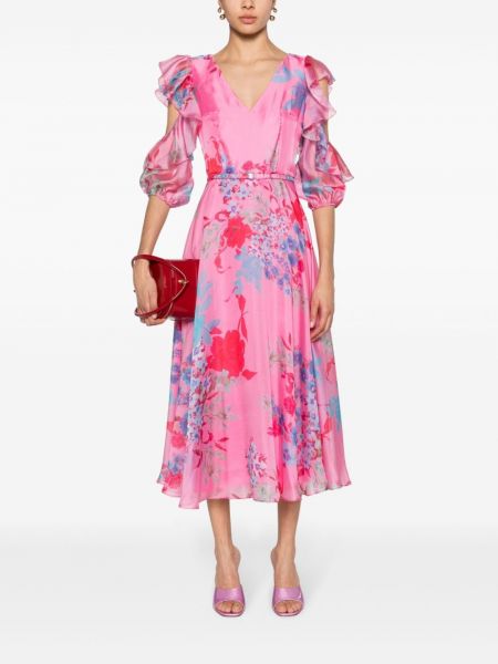 Satynowa sukienka midi w kwiatki z nadrukiem Nissa różowa