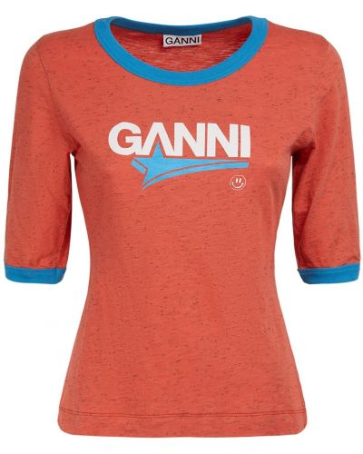 Bavlnené tričko s potlačou Ganni červená
