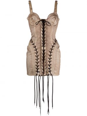 Čipkované šnurovacie koktejlkové šaty Jean Paul Gaultier hnedá