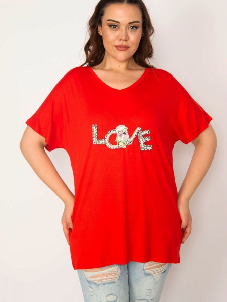 Haftowana koszulka z perełkami z wiskozy Sans czerwona