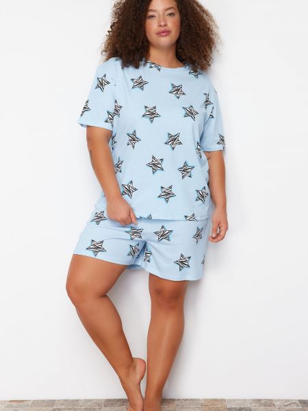 Със звездички плетена пижама Trendyol синьо