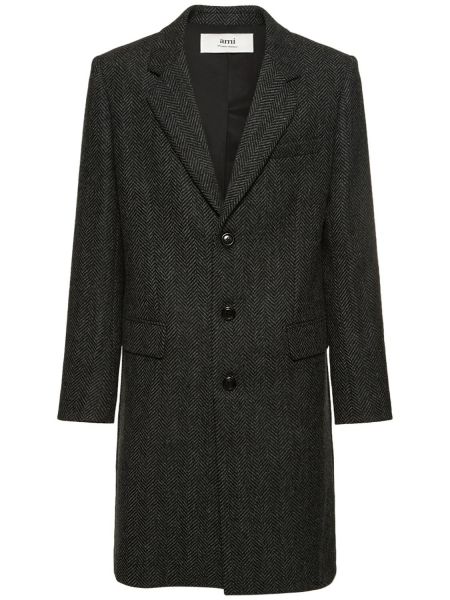 Palton de lână cu model herringbone Ami Paris gri