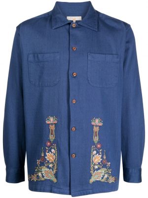 Kokvilnas džinsa krekls ar izšuvumiem ar ziediem Nudie Jeans zils