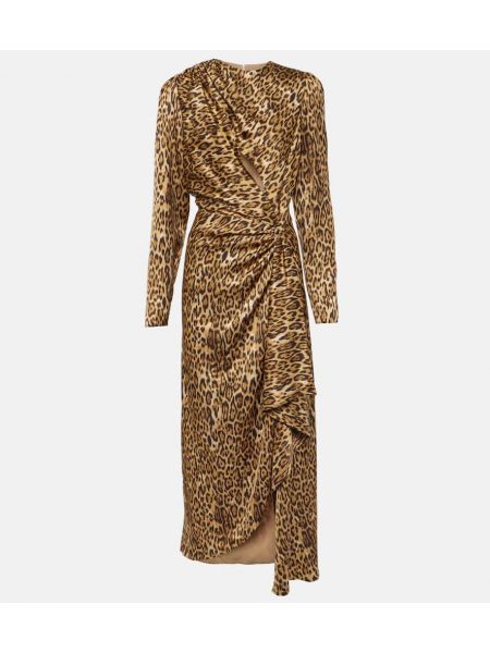 Satenska midi obleka s potiskom z leopardjim vzorcem Costarellos bež