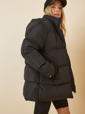 Oversized kabát s kapucí Happiness İstanbul černý