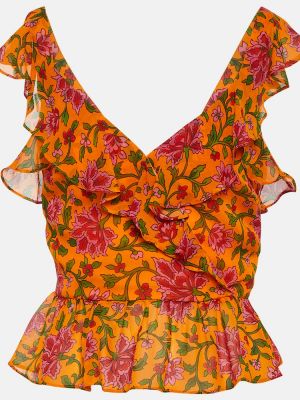 Virágos selyem felső Veronica Beard narancsszínű
