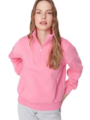 Hanorac din fleece cu fermoar tricotate cu guler de stand-up Trendyol roz