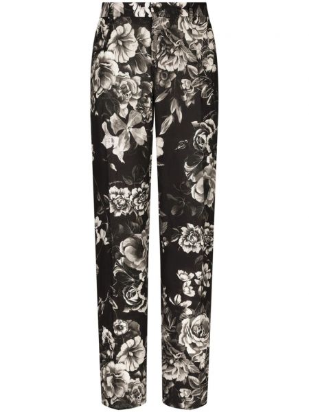Ленени прав панталон на цветя с принт Dolce & Gabbana черно