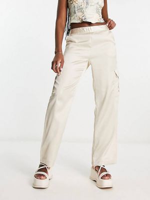 Кремовые атласные брюки карго прямого кроя JDY