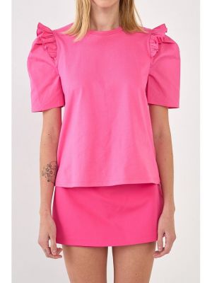 Женская мини-футболка с пышными рукавами и рюшами English Factory, Hot pink