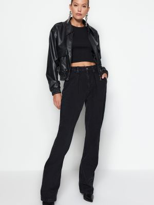 Plisované džíny s vysokým pasem relaxed fit Trendyol černé