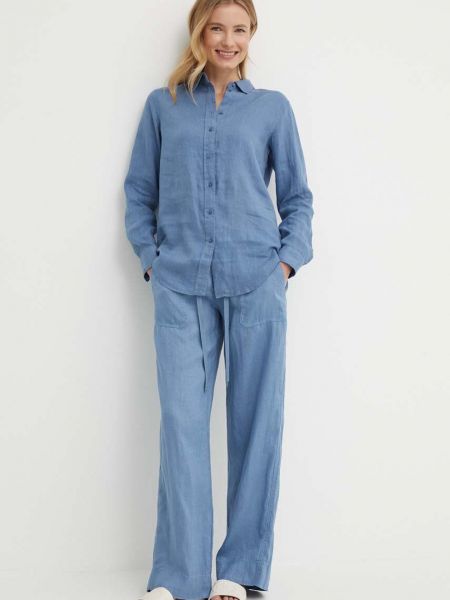 Lniane spodnie Lauren Ralph Lauren niebieskie