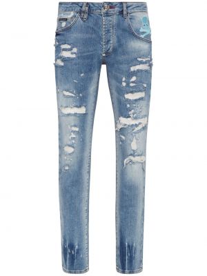Straight fit džíny s oděrkami s potiskem Philipp Plein modré