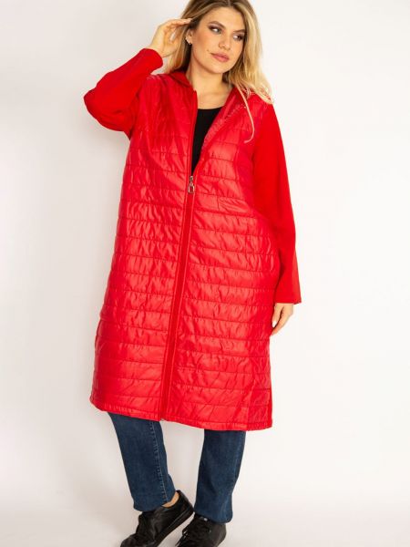 Prešívaný kabát na zips s kapucňou şans červená