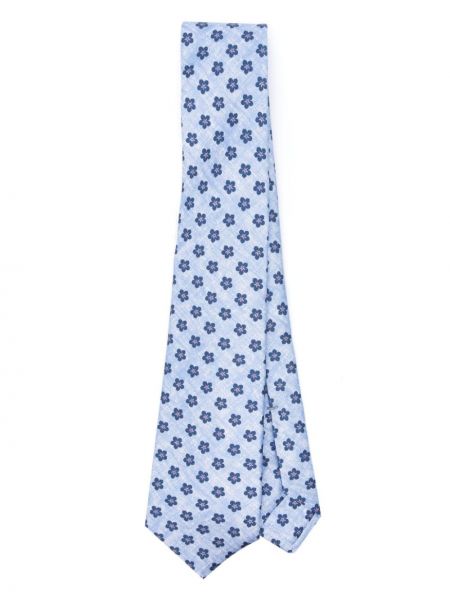 Jedwabny krawat w kwiatki z nadrukiem Kiton niebieski