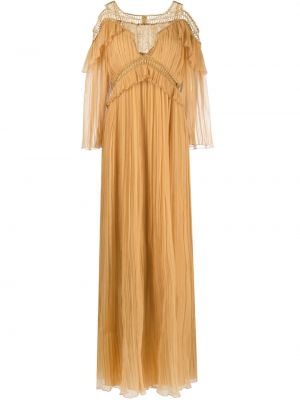 Hedvábné dlouhé šaty s výšivkou s kulatým výstřihem Alberta Ferretti - hnědá