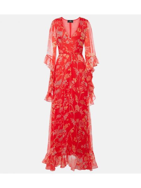 Rochie lunga de mătase cu model floral Etro roșu