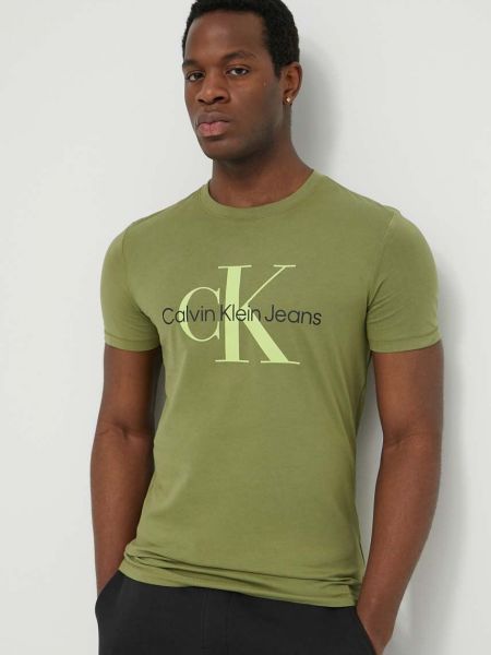 Koszulka bawełniana z nadrukiem Calvin Klein Jeans zielona