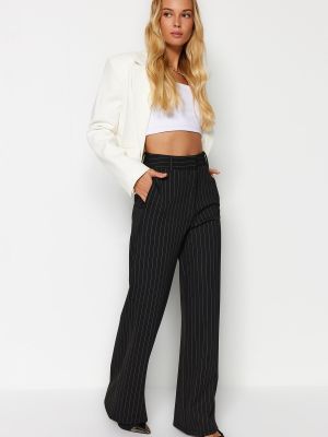 Pletené pruhované rovné kalhoty s vysokým pasem Trendyol černé