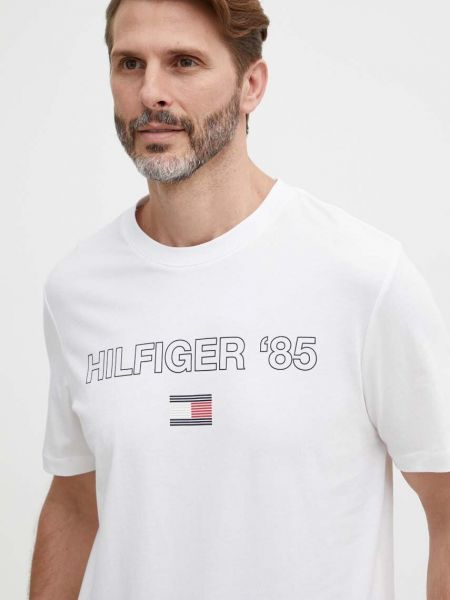 Koszulka bawełniana z nadrukiem Tommy Hilfiger biała