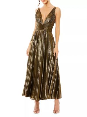 Плиссированное платье миди без рукавов с v-образным вырезом Mac Duggal золотое