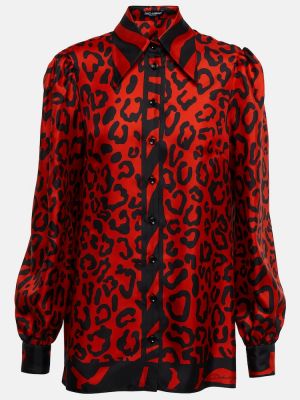 Копринена риза с принт с леопардов принт Dolce&gabbana червено