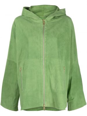 Zelená semišová kožená bunda na zip s kapucí Arma