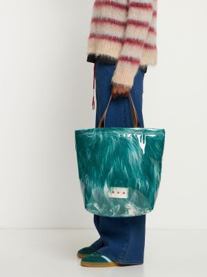 Priehľadná nákupná taška s kožušinou Marni zelená