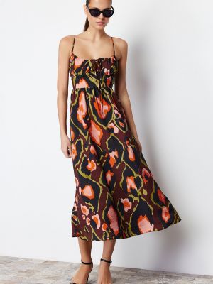 Pletena midi haljina s izrezom na leđima s cvjetnim printom Trendyol smeđa