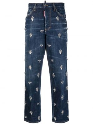 Křišťálové straight fit džíny s vysokým pasem Dsquared2 modré