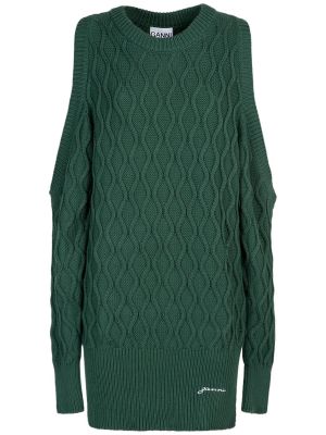 Памучен пуловер Ganni зелено