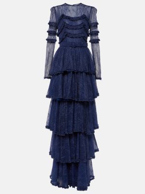 Krajkové dlouhé šaty s volány Costarellos modré