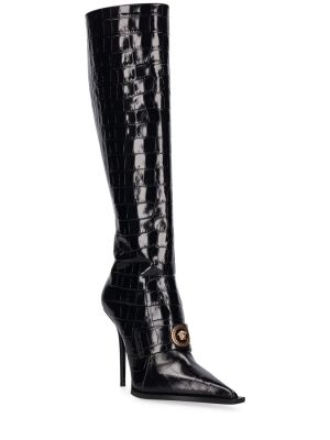 Stivali di pelle con stampa Versace nero