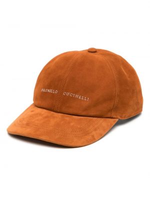 Haftowana czapka z daszkiem zamszowa Brunello Cucinelli pomarańczowa