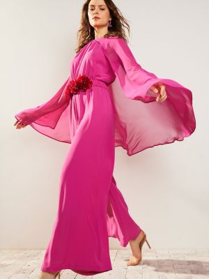 Květinové šifonové saténové večerní šaty Trendyol růžové