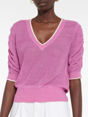 Lniany sweter z dekoltem w serek Veronica Beard różowy
