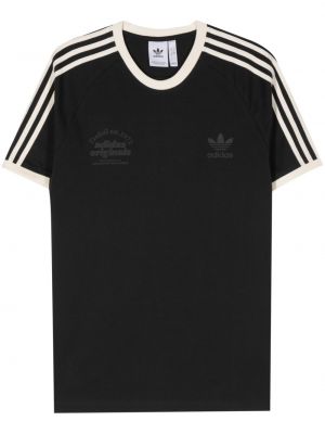 Tricou din bumbac cu dungi din piele Adidas negru