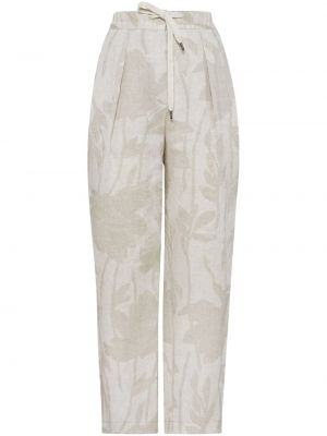 Žakárové květinové lněné kalhoty Brunello Cucinelli béžové