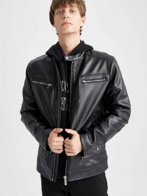 Slim fit kožený priliehavý kabát Defacto čierna