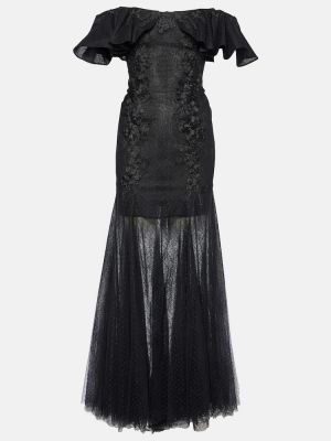 Krajkové tylové dlouhé šaty s volány Costarellos černé