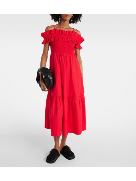 Βαμβακερή μίντι φόρεμα Ganni κόκκινο