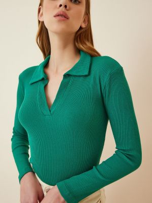 Pletena bluza iz rebrastega žameta Happiness İstanbul zelena