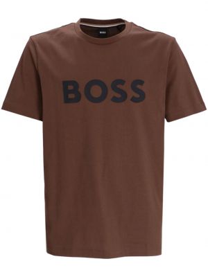 Памучна тениска с принт Boss кафяво