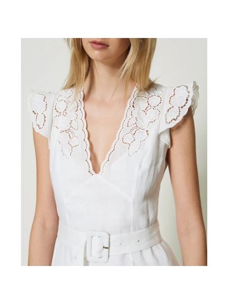 Lniany haftowany sukienka na ramiączkach w kwiatki Twinset biały