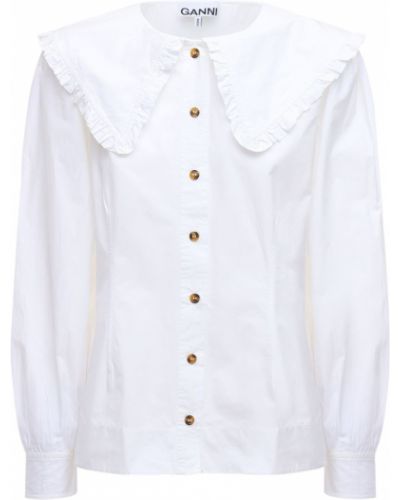 Памучна риза с волани Ganni бяло