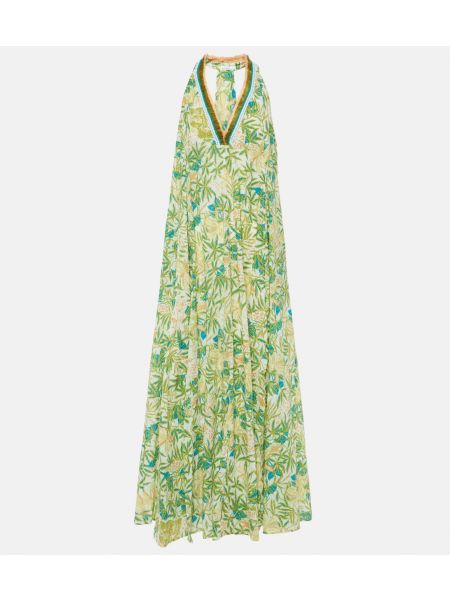 Длинное платье в цветочек с принтом Poupette St Barth зеленое