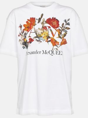 T-shirt di cotone a fiori in jersey Alexander Mcqueen bianco