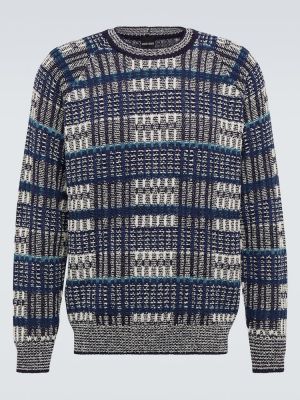 Bombažni pulover s karirastim vzorcem Giorgio Armani modra