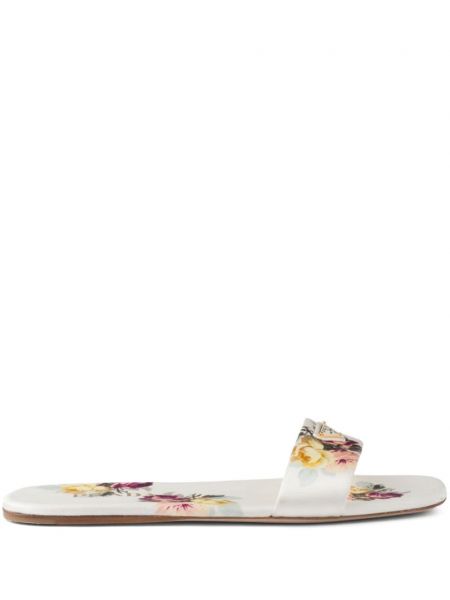 Satenaste nizki čevlji s cvetličnim vzorcem s potiskom Prada bela